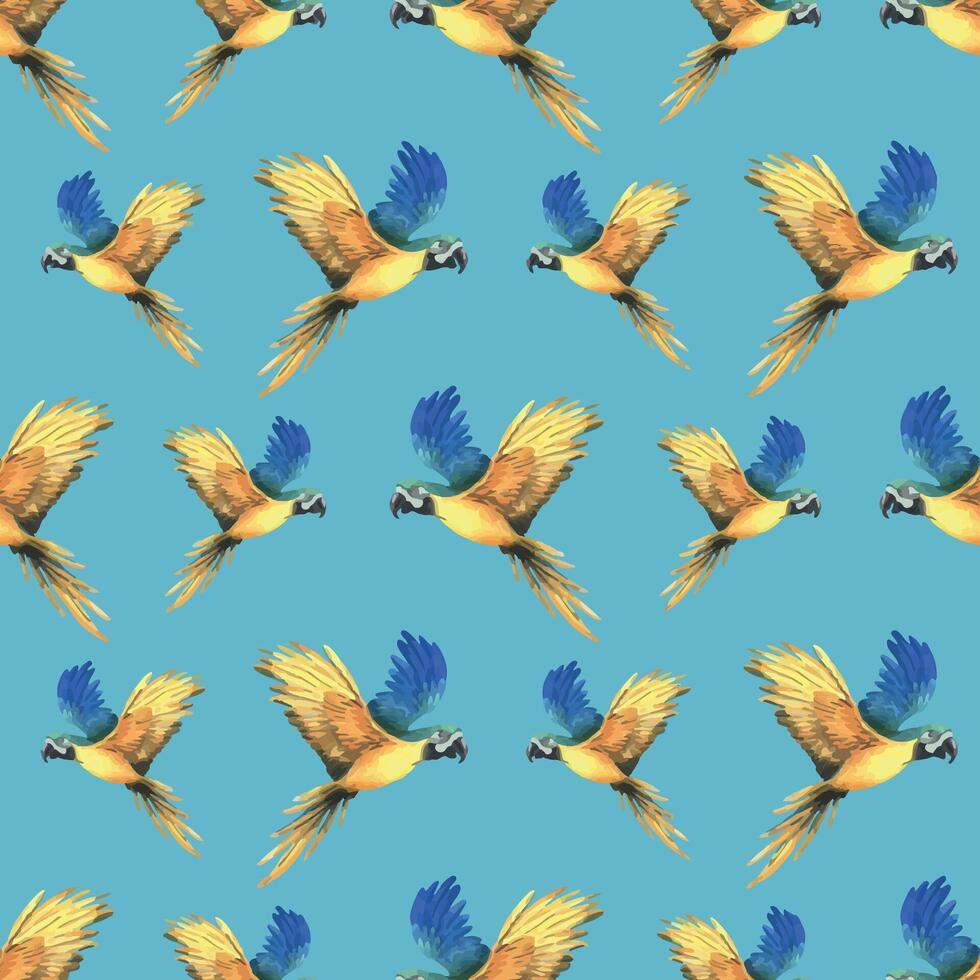 tropical vôo azul amarelo arara papagaio. mão desenhado aguarela botânico ilustração. desatado padronizar em uma azul fundo. vetor