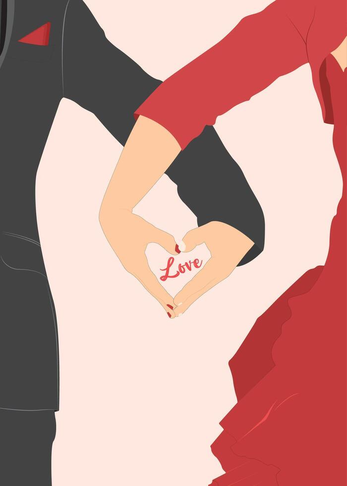 vetor casal dentro vermelho vestido e Preto smoking segurando mãos mostrando coração símbolo