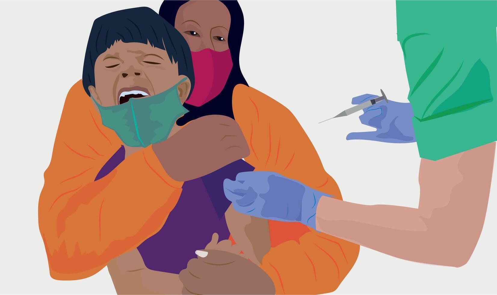 pequeno Garoto chora esperando para vacinação, sentado perto tipo mulher médico com seringa dentro mãos vetor