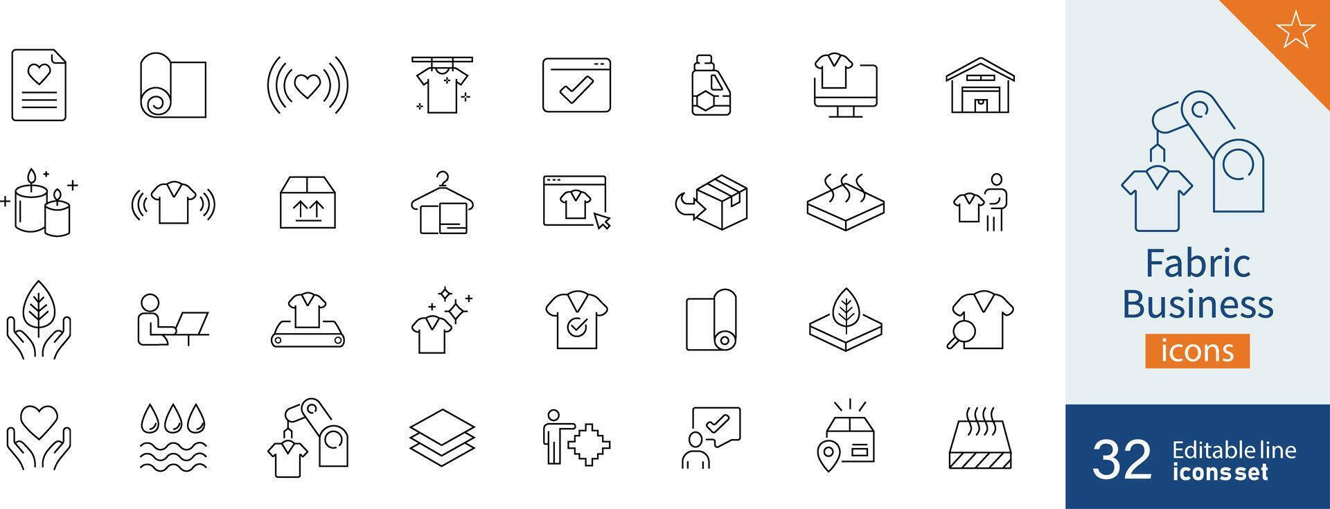 conjunto do 32 tecido o negócio rede ícones dentro linha estilo. produtos, indústria, comprar, símbolo. vetor ilustração.