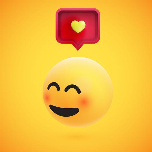 Bonito emoticon 3D alta detalhado amarelo com bolha do discurso e coração para web, ilustração vetorial vetor