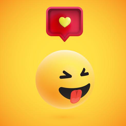 Bonito emoticon 3D alta detalhado amarelo com bolha do discurso e coração para web, ilustração vetorial vetor