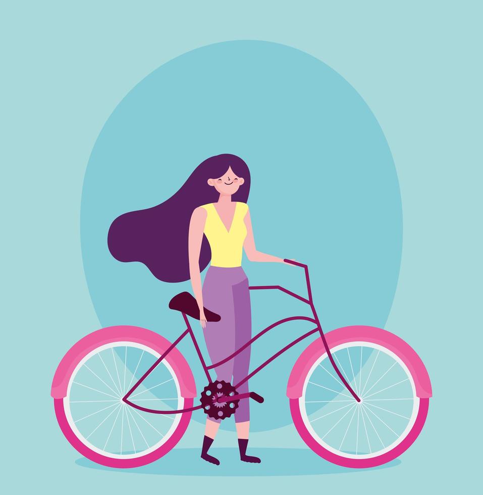 transporte ecológico, mulher com personagem de desenho animado de bicicleta vetor
