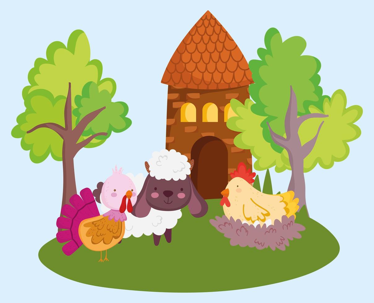 desenho animado animais de fazenda ovelhas peru galinha em árvores de celeiro ninho vetor