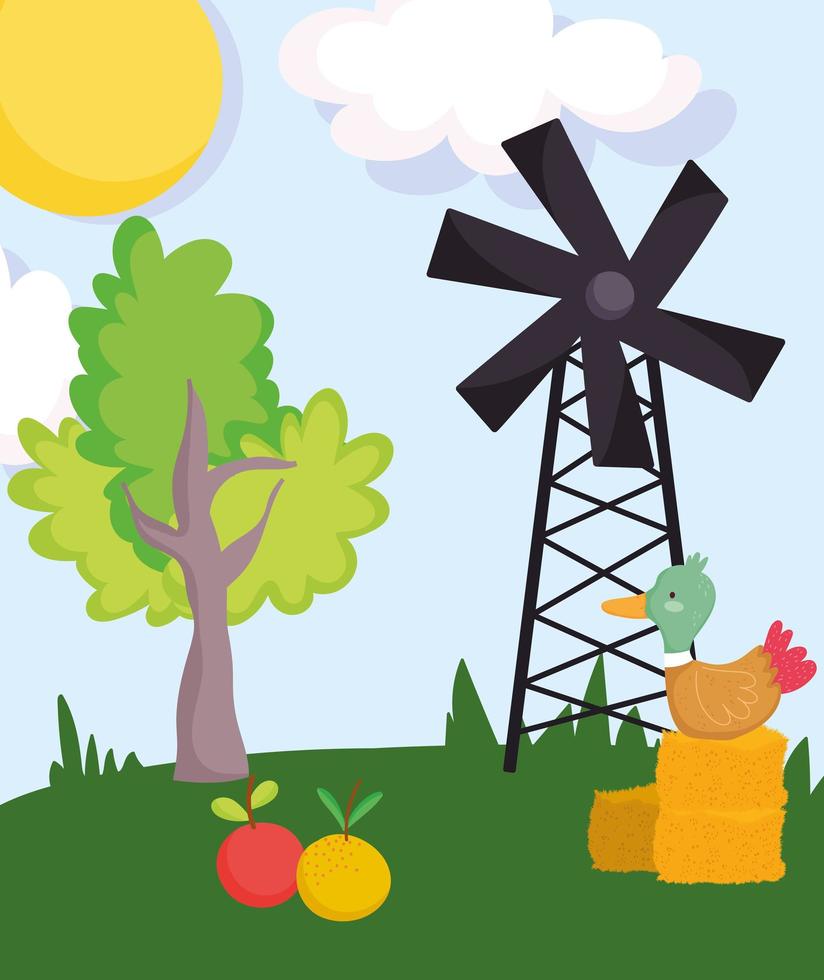 animais da fazenda pato no feno frutas moinho de vento árvore grama desenho animado vetor