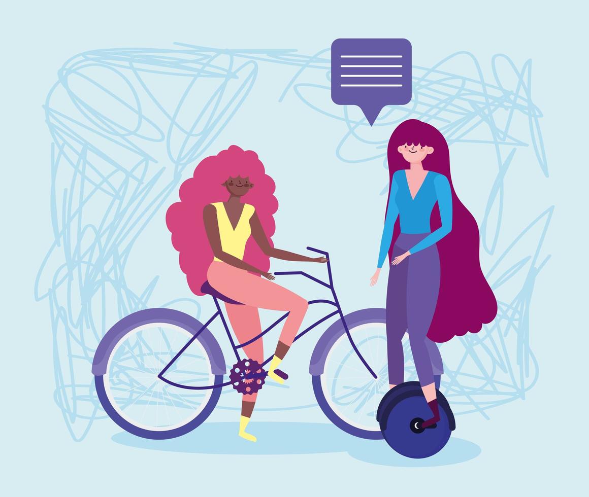 transporte ecológico, mulheres jovens conversando e andando de monociclo e bicicleta vetor