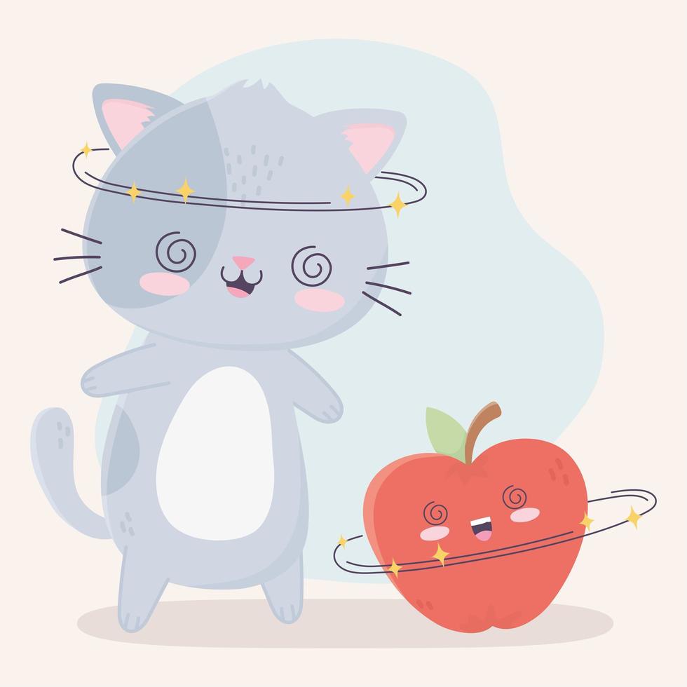 gato fofo alegre e personagem de desenho animado apple kawaii vetor