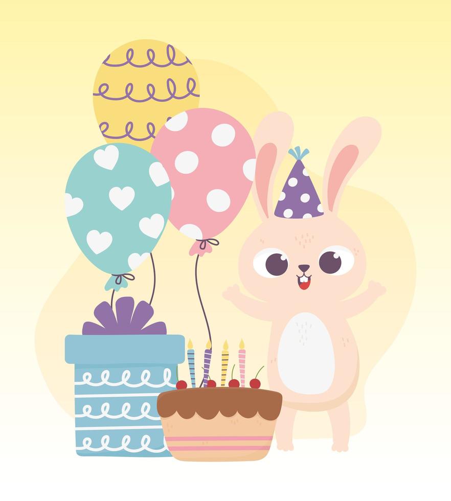 feliz dia, coelho com chapéu de festa e balões de presente de bolo vetor