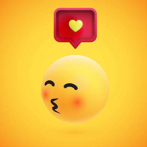 Bonito emoticon 3D alta detalhado amarelo com bolha do discurso e coração para web, ilustração vetorial vetor