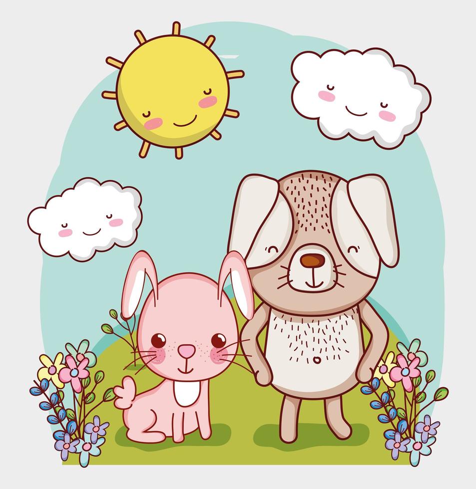animais fofos, coelho e cachorro grama flores desenho de sol vetor