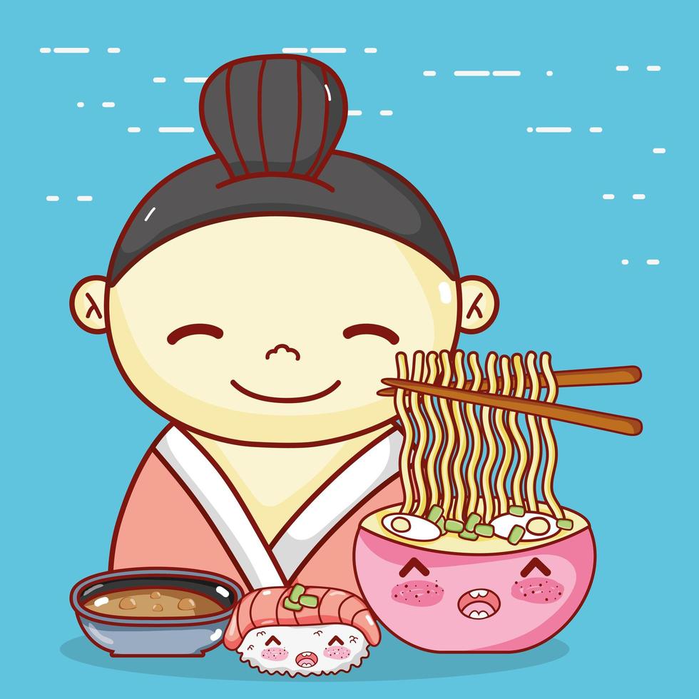 gueixa com macarrão sopa sushi e molho comida japonesa cartoon, sushi e pãezinhos vetor