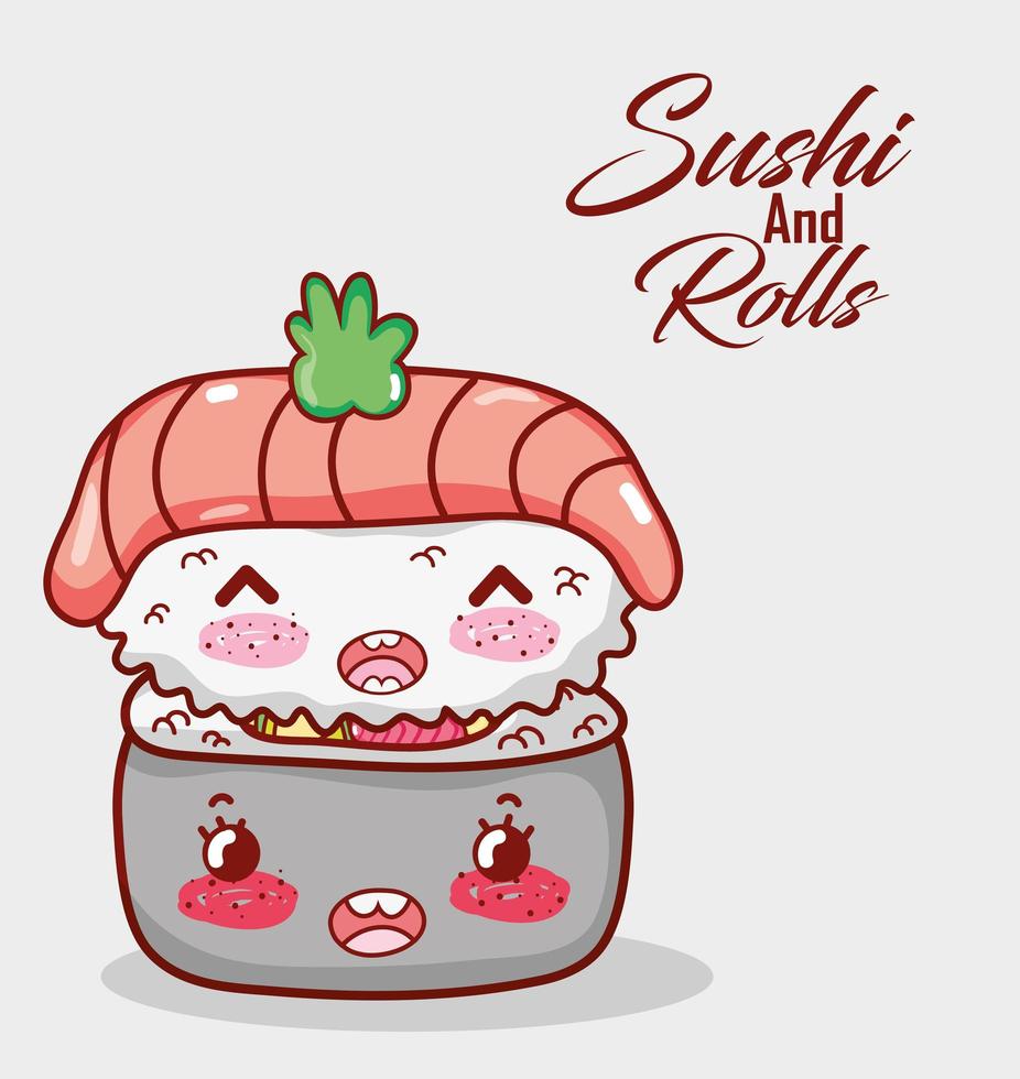 kawaii nigiri sushi com arroz roll food cartoon japonês, sushi e pãezinhos vetor