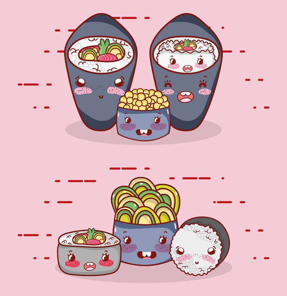 kawaii temaki sushi arroz sopa comida japonesa cartoon, sushi e pãezinhos vetor