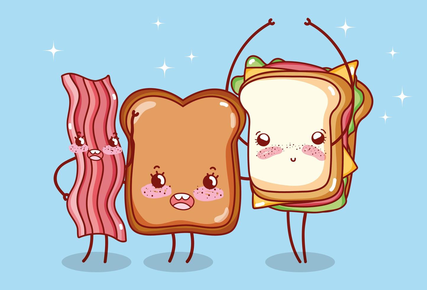 fast food e café da manhã sanduíche de pão fofo e desenho animado de bacon vetor