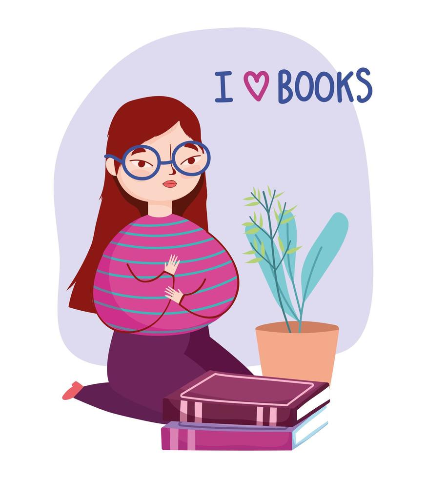 jovem mulher com livros e vasos de plantas, dia do livro vetor