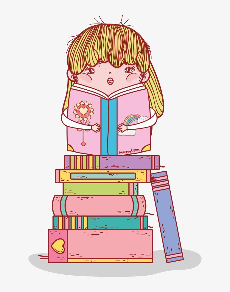 menina lendo livro em desenho animado de livros empilhados vetor