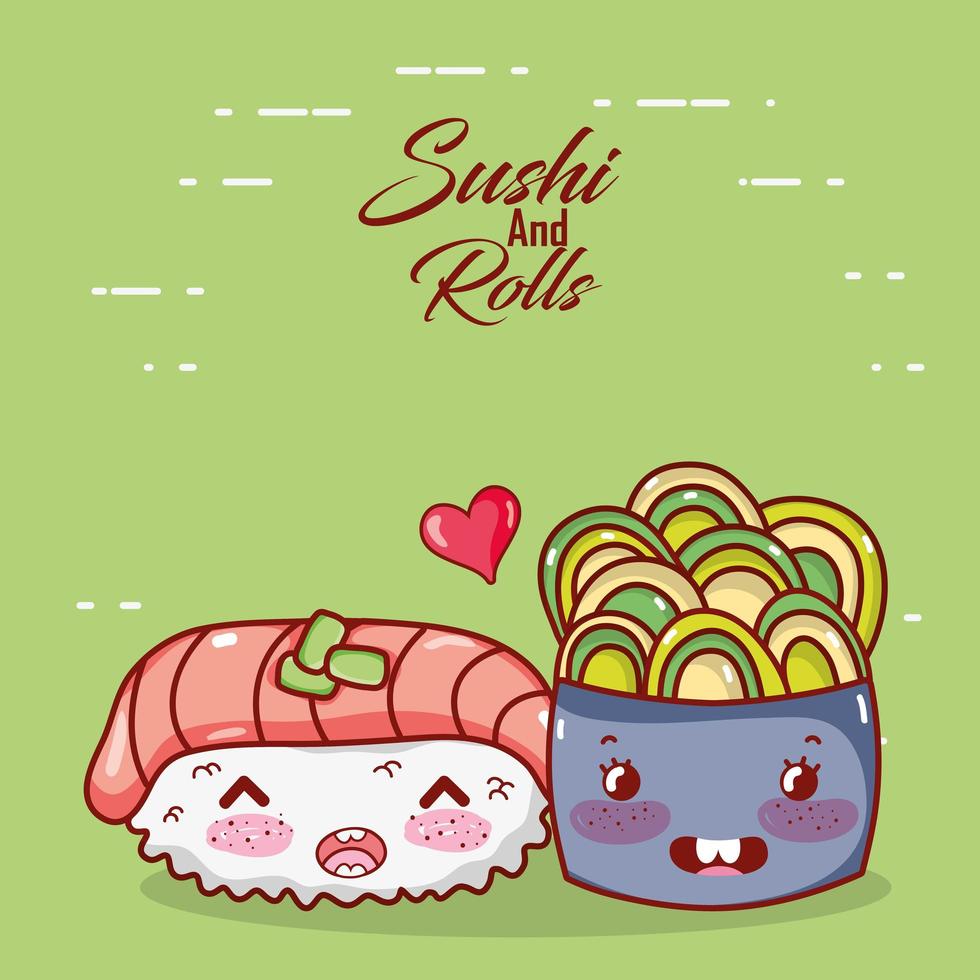 kawaii sushi peixe e tigela de comida japonesa cartoon, sushi e pãezinhos vetor