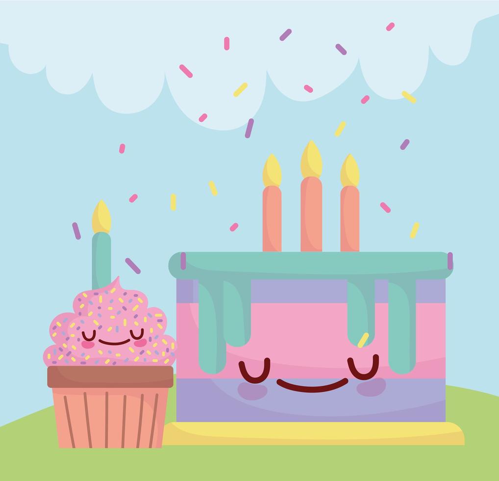 Bolo de aniversário e cupcake com velas menu personagem desenho animado comida fofa vetor