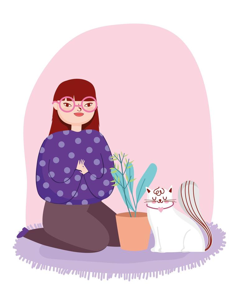 jovem mulher com gato branco e planta em vaso vetor