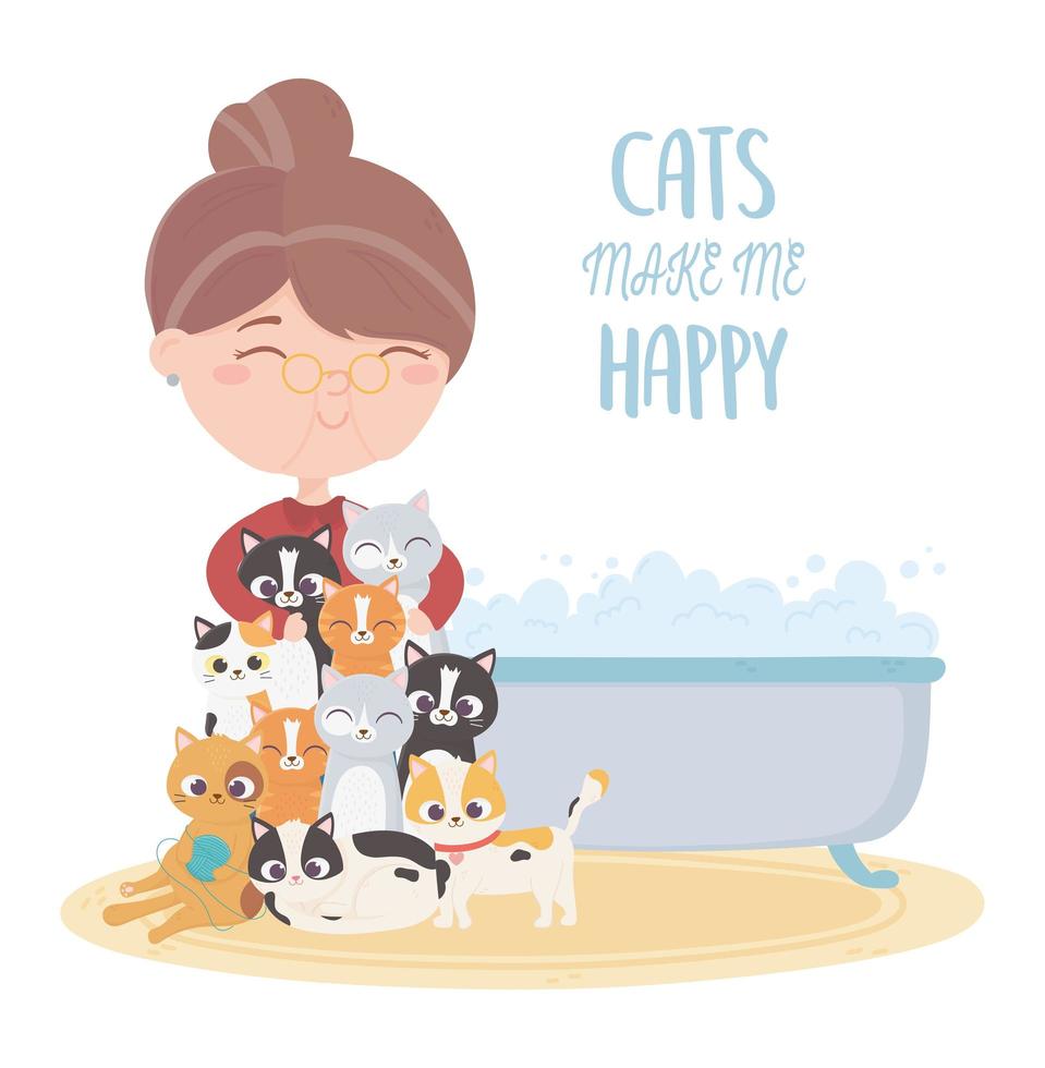 gatos me fazem feliz, gatas idosas com banheira vetor