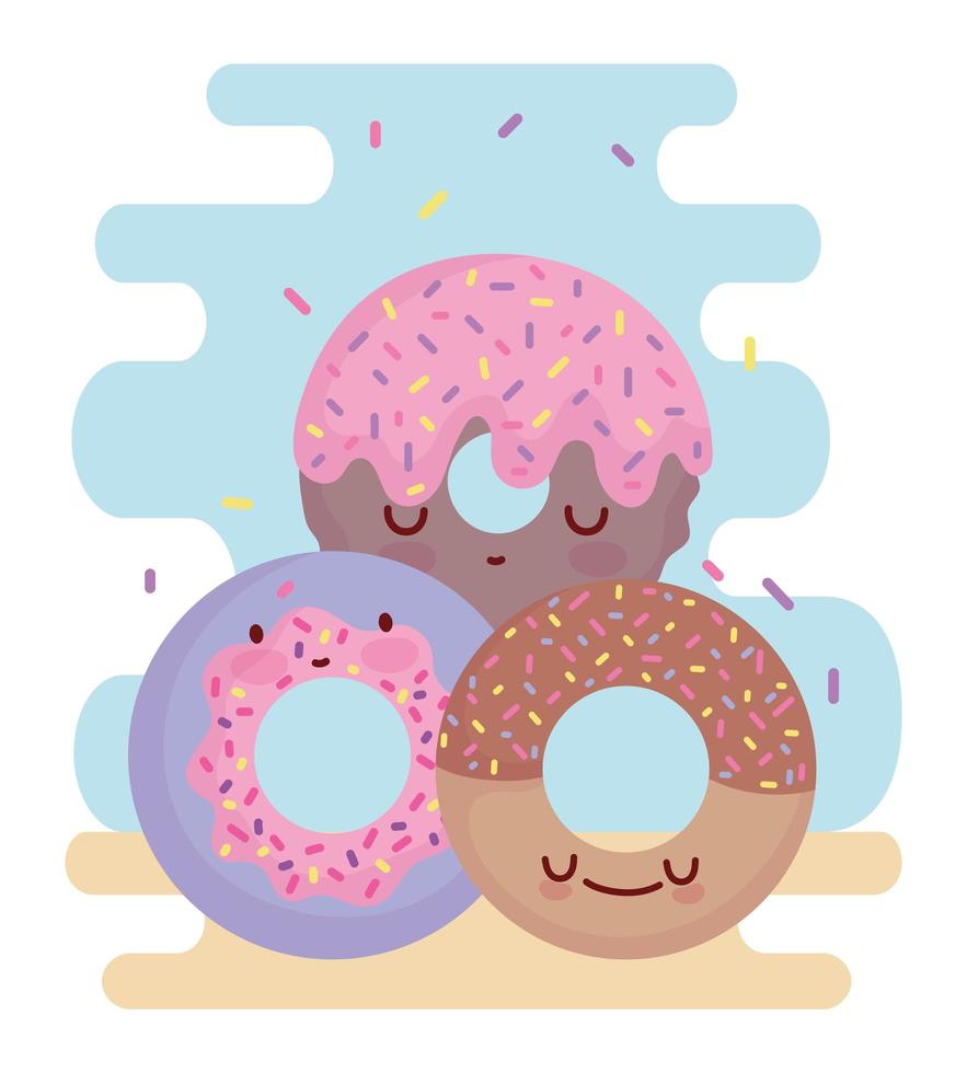 doce donuts menu personagem desenho animado comida fofa vetor