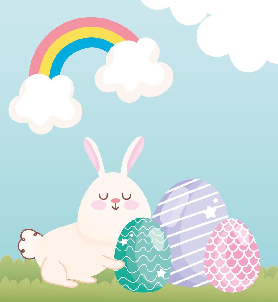 feliz páscoa adorável coelhinho com ovos grama nuvens arco-íris vetor