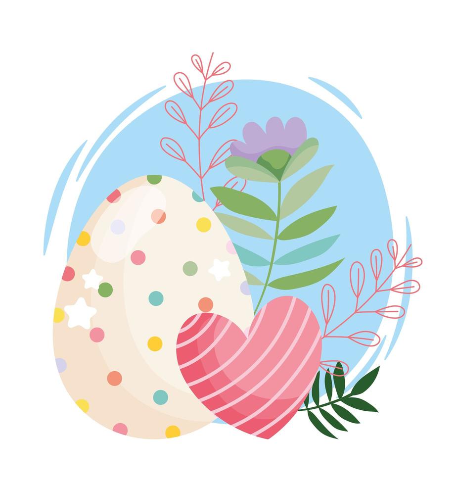 feliz Páscoa lindo ovo com pontos e decoração de flores de coração listrado vetor