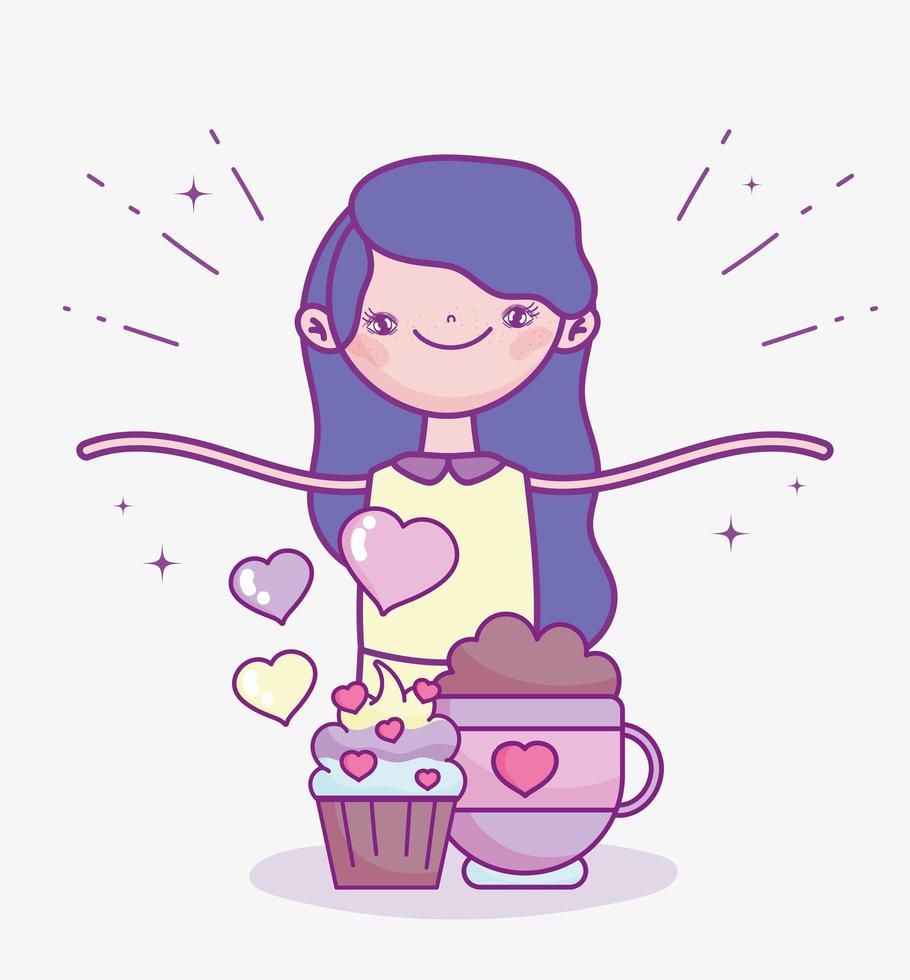 feliz dia dos namorados, linda garota com cupcake e corações de chocolate vetor