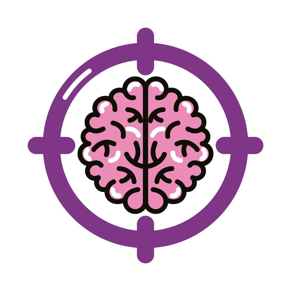 cérebro humano com linha de destino e ícone de estilo de preenchimento vetor