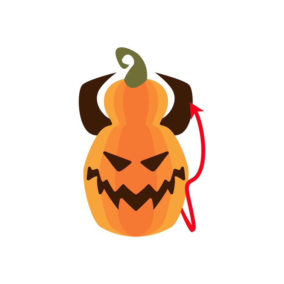 abóbora do diabo de halloween com chifres e ícone de estilo plano de cauda vetor