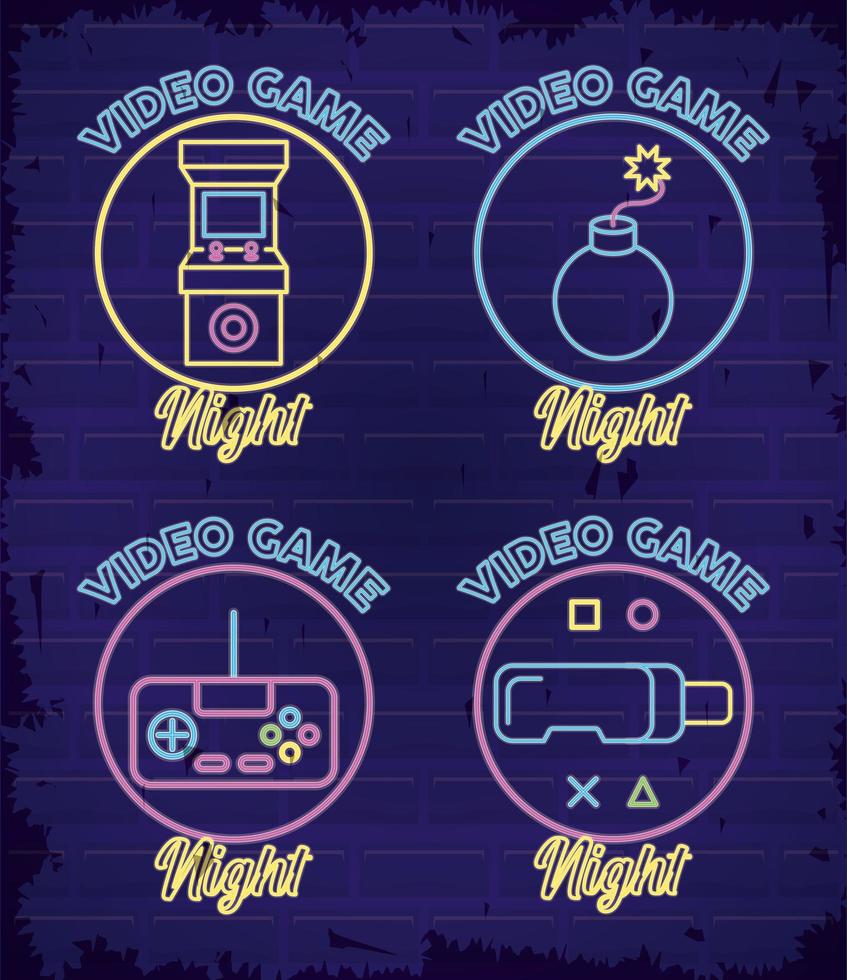 neon retro de videogame com ícones definidos vetor