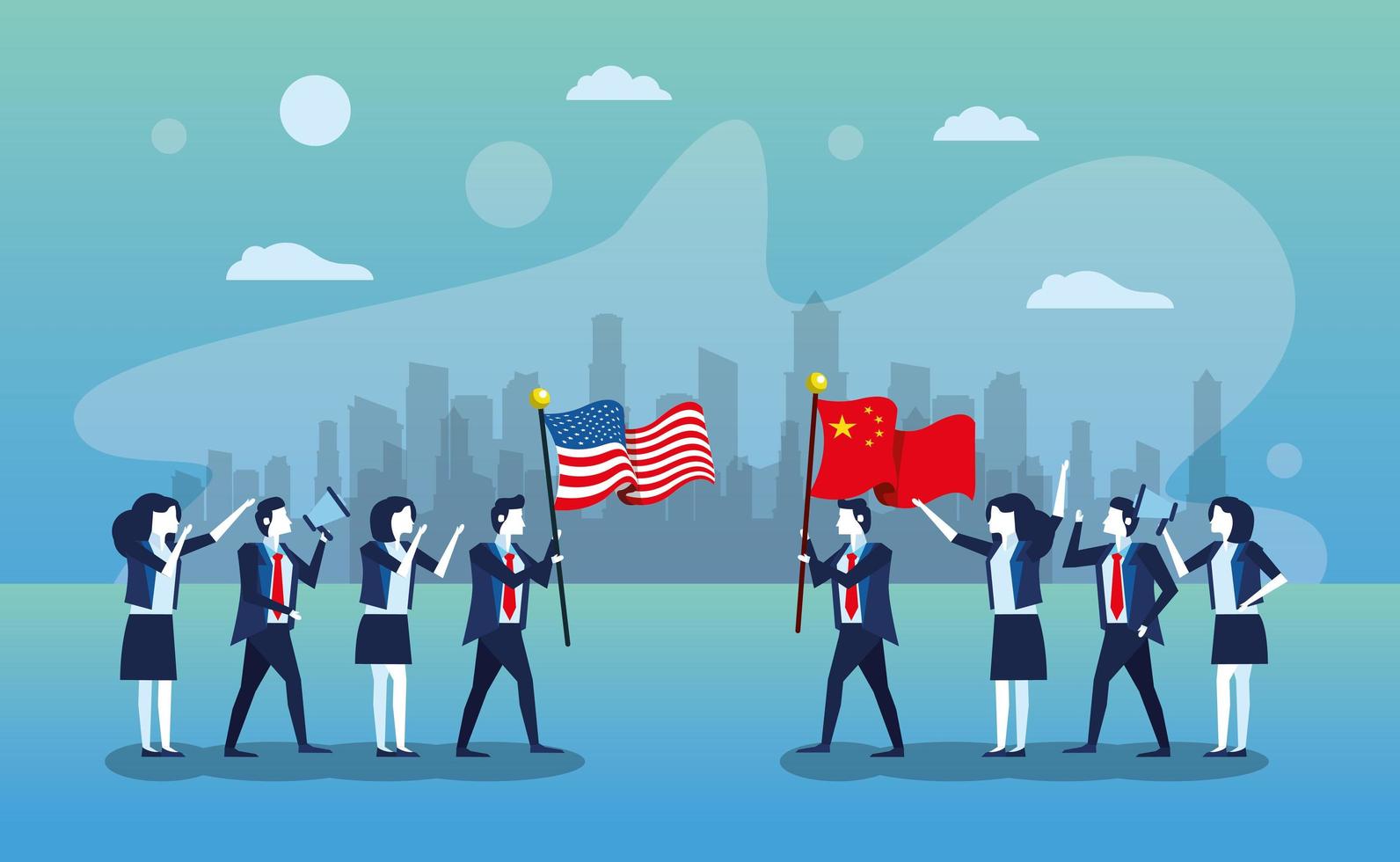 empresários com bandeiras china e estados unidos da américa vetor