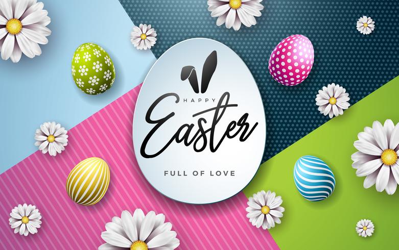Ilustração em vetor de feliz Páscoa férias com ovo pintado e flor de primavera