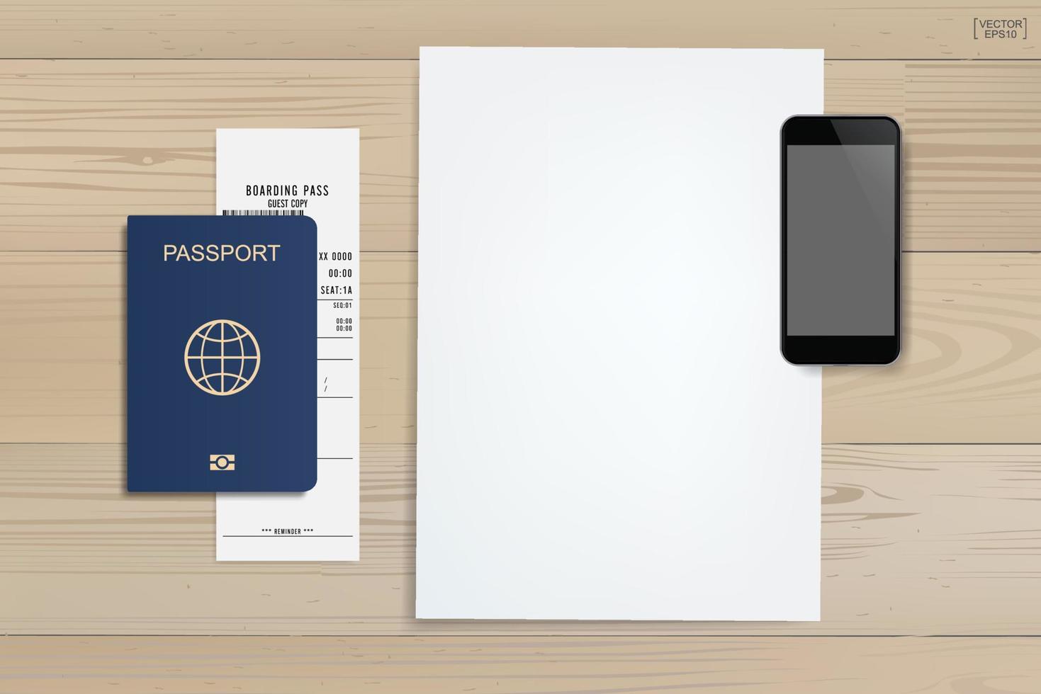 fundo de papel branco com smartphone, passaporte e bilhete em fundo de madeira. plano de fundo para o turismo e a ideia de viajar. vetor. vetor