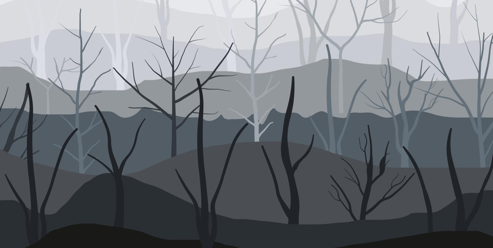 fundo escuro da névoa da floresta na área da colina. paisagem de fundo de árvores secas na floresta. ilustração vetorial. vetor