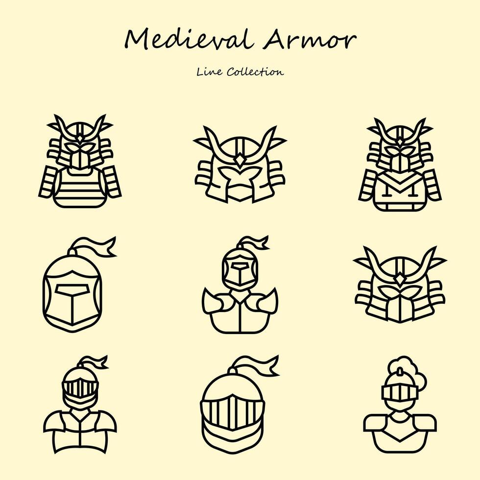 medieval armaduras editável ícones conjunto linha estilo. com vários formas. armaduras, samurai, cavaleiro, capacete, guerreiro. esboço coleção vetor