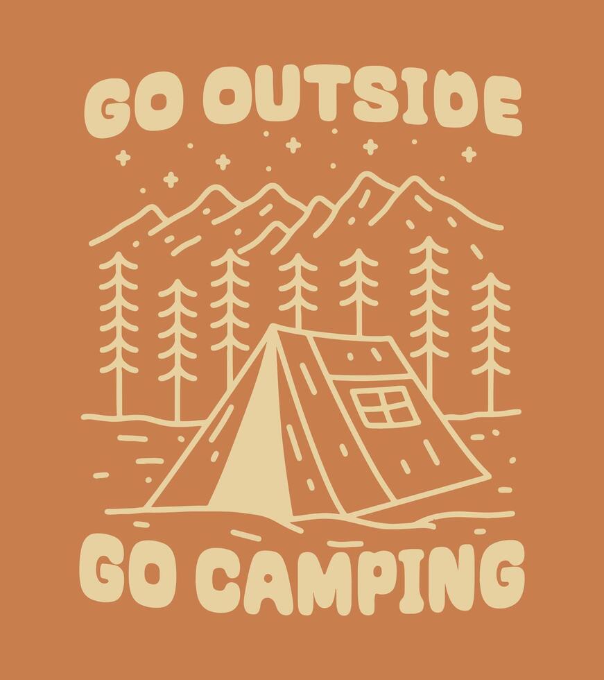 quatro elemento do acampamento estão montanha, floresta, fogueira e barraca, Projeto para distintivo, t camisa, adesivo vetor ilustração