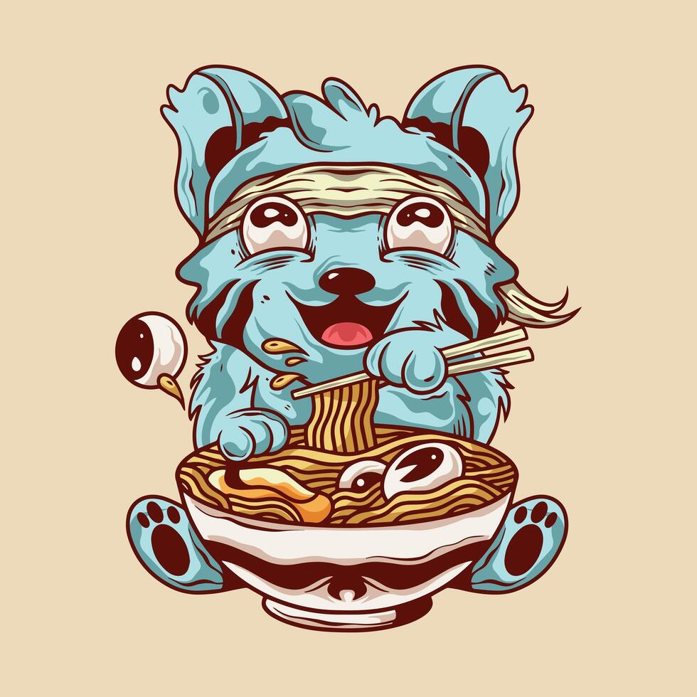 japonês desenho animado fofa gato comendo a ramen vetor