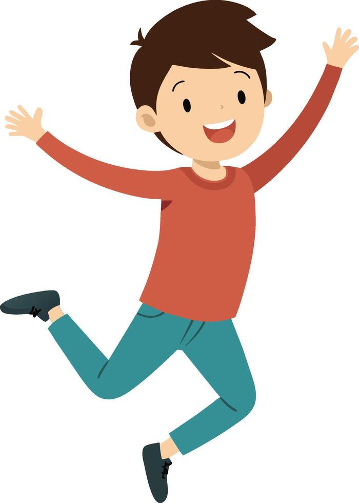 ilustração do uma feliz Garoto pulando dentro a ar com dele mãos acima vetor