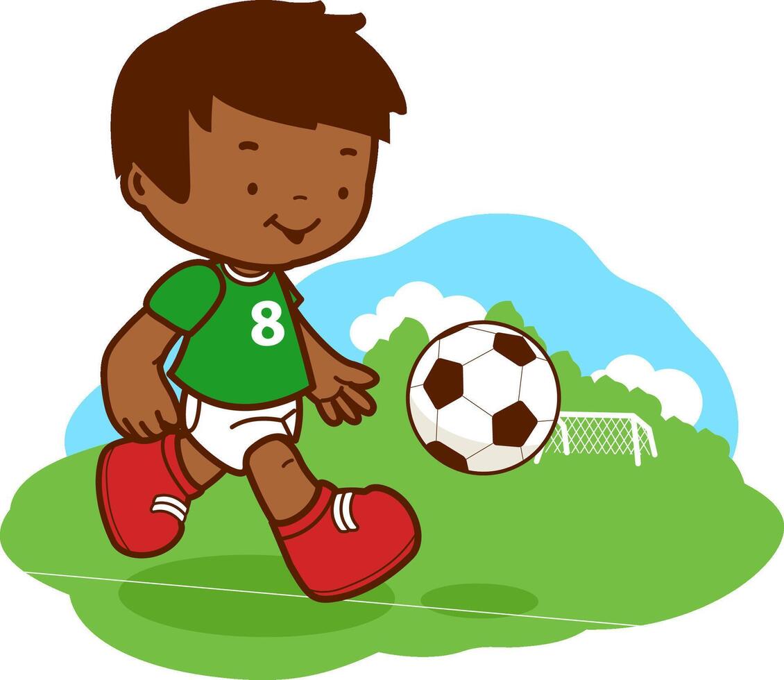 pequeno Garoto jogando futebol. uma feliz criança tocam futebol em a futebol campo. vetor ilustração