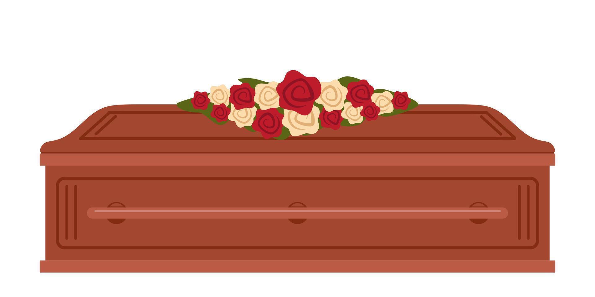 caixão com flores em isto. funeral, luto tradição. enterro cerimônia do morto humano, fechadas caixão. ritual serviço vetor ilustração.