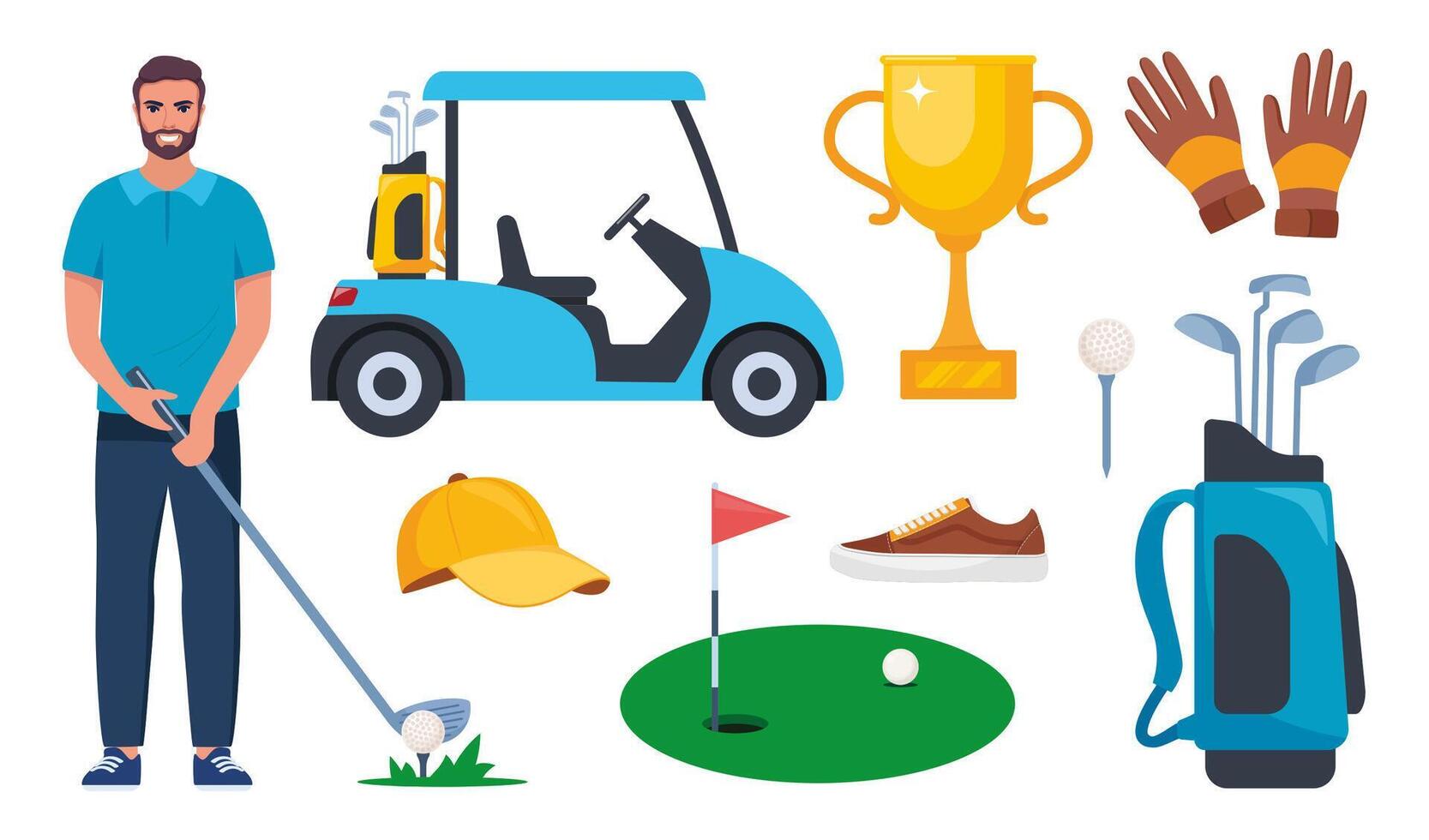 golfe equipamento definir. profissional Itens para jogar a esporte, roupas e acessórios. golfe jogador, bolsa, taco, jogador de golfe, bola, buraco, curso, luvas, camisa, xícara, carro. vetor ilustração.