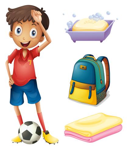 Um, jogador futebol, com, seu, mochila, e, banheiro, materiais vetor