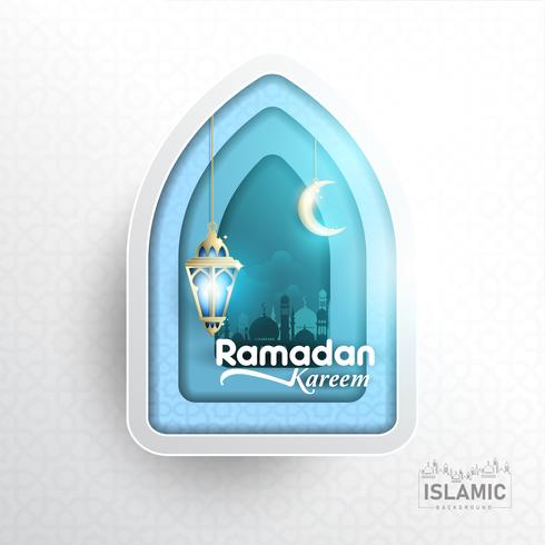 A arte do papel de fundo de Ramadan Kareem ou o papel cortaram o estilo com lanterna de Fanoos, a lua crescente &amp; o fundo da mesquita. Para banner da Web, cartão &amp; modelo de promoção em feriados de Ramadã de 2019. vetor