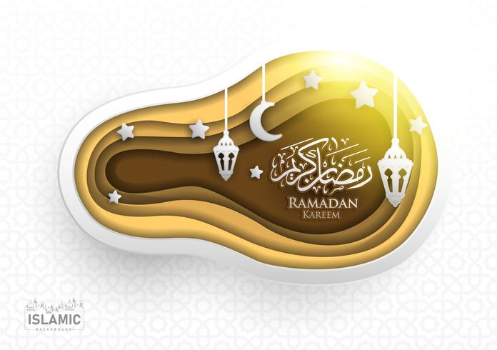 A arte do papel de fundo de Ramadan Kareem ou o papel cortaram o estilo com lanterna de Fanoos, a lua crescente &amp; o fundo da mesquita. Para banner da Web, cartão &amp; modelo de promoção em feriados de Ramadã de 2019. vetor