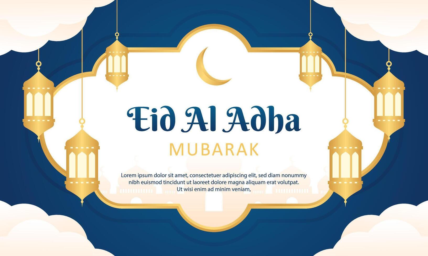 eid al adha Mubarak islâmico cumprimento bandeira modelo Projeto com ouro quadro, e lanterna ilustração. eid fundo. cartão vetor