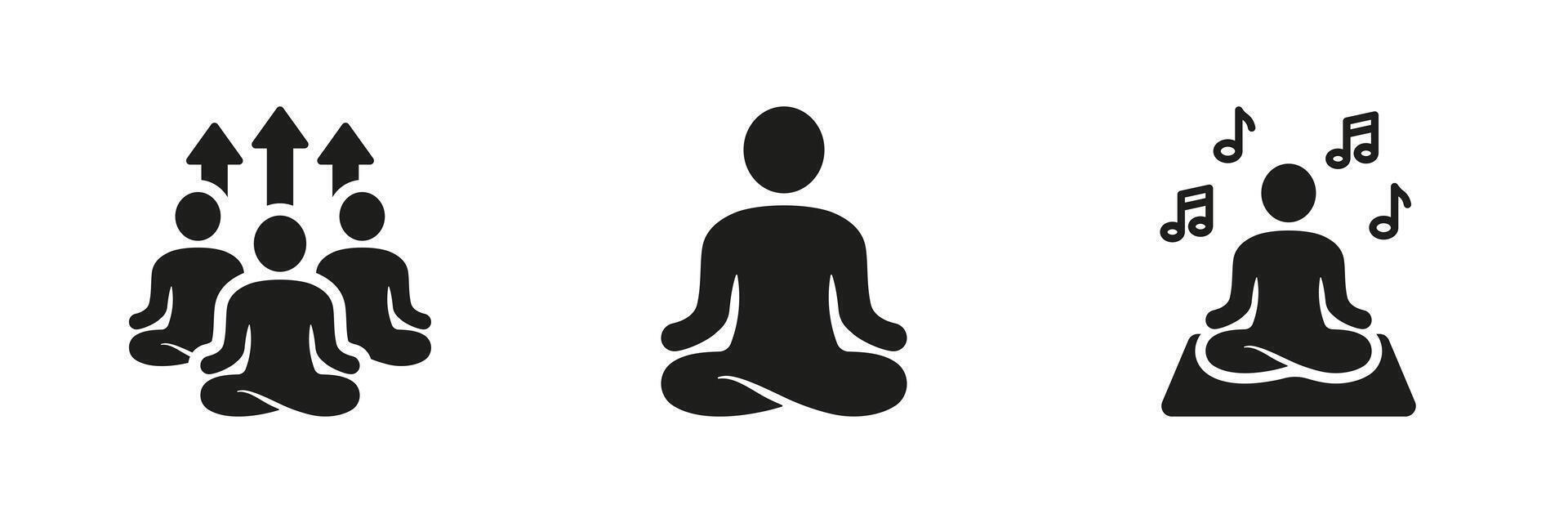 bem estar silhueta ícone definir. meditar e relaxar símbolo coleção. grupo ioga exercícios e meditação, zen pose glifo pictograma. calma, serenidade, Saldo placa. isolado vetor ilustração