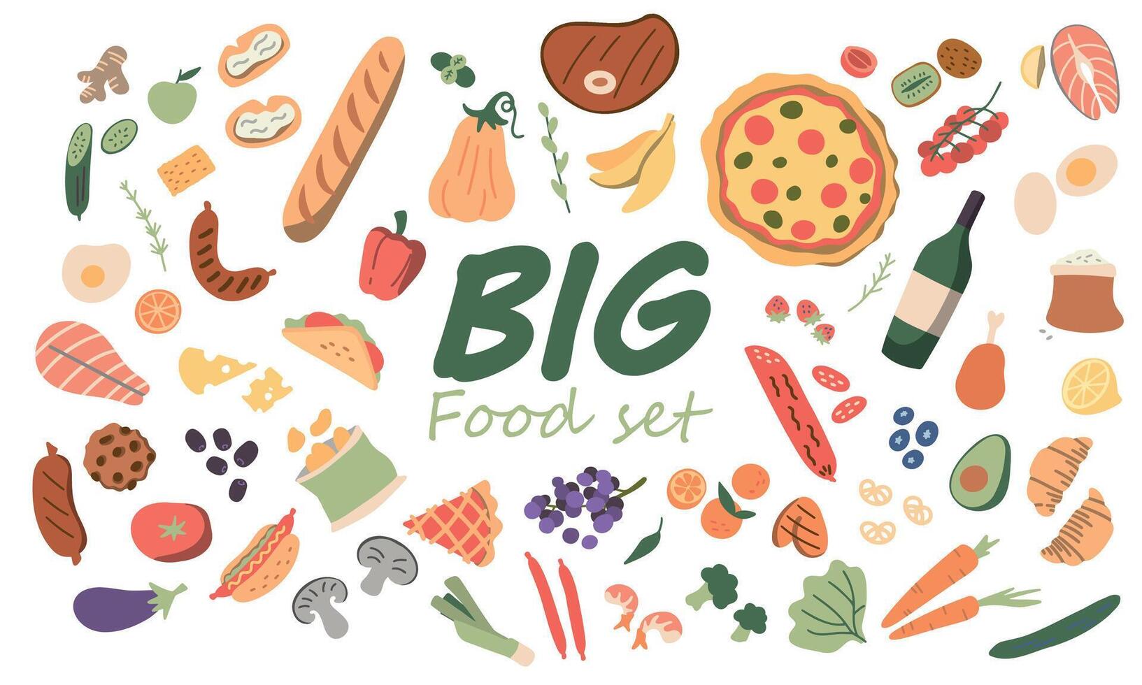 grande conjunto ícones comida, plano estilo. frutas, vegetais, carne, peixe, pão, leite, doces. refeição ícone isolado em branco fundo. ingredientes coleção. vetor ilustração