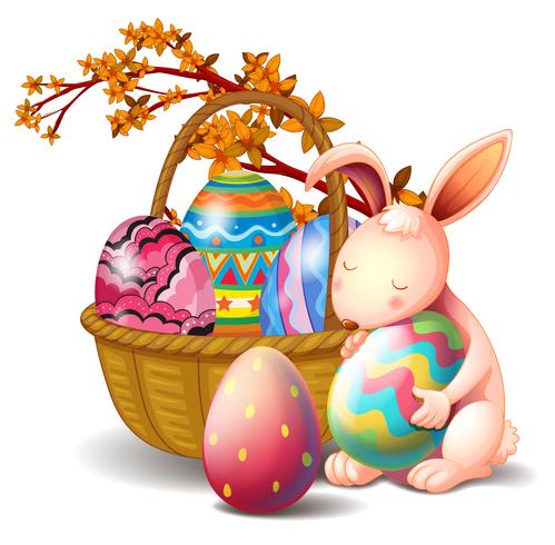 Uma cesta cheia de ovos e um coelho vetor