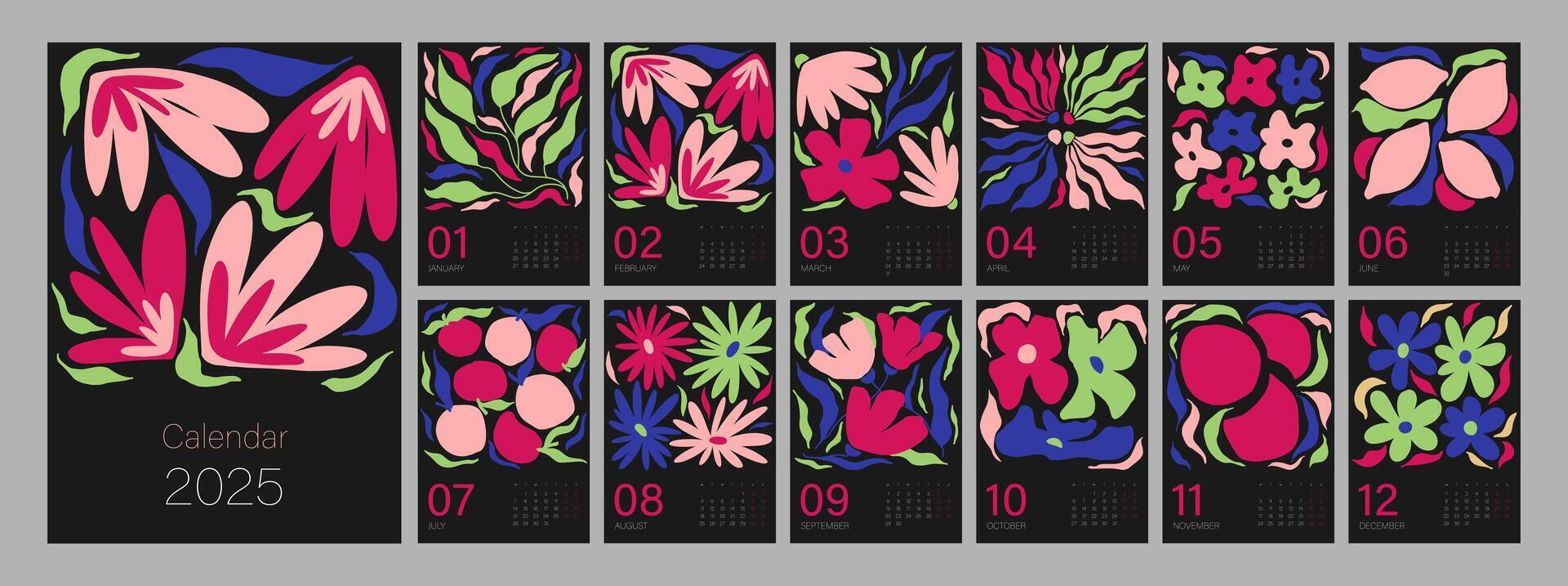 floral calendário modelo para 2025. vertical Projeto com brilhante colorida flores e folhas. editável ilustração página modelo a4, a3, conjunto do 12 meses com cobrir. vetor malha. semana começa em segunda-feira.